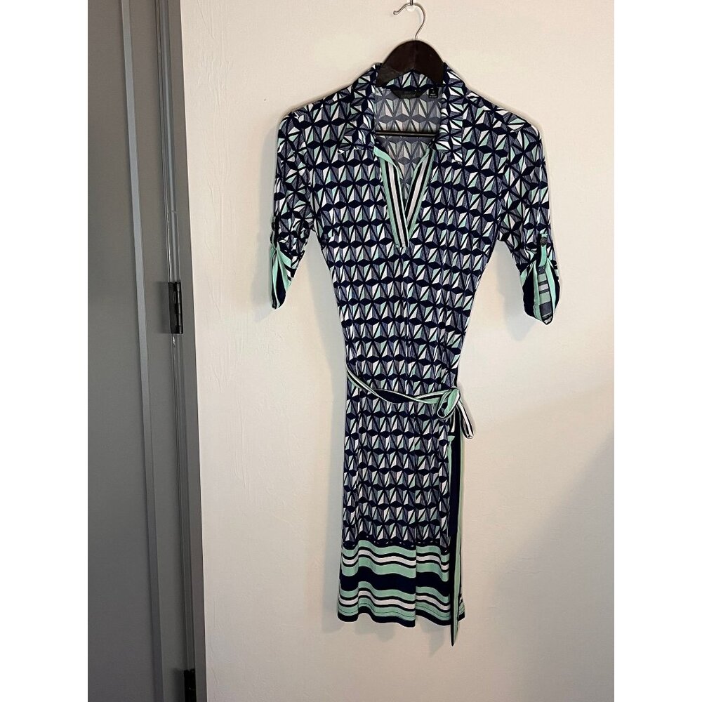 Mlle Gabrielle Wrap Dress Short Sleeve Tie at Waist Navy, Seafoam Green, White S